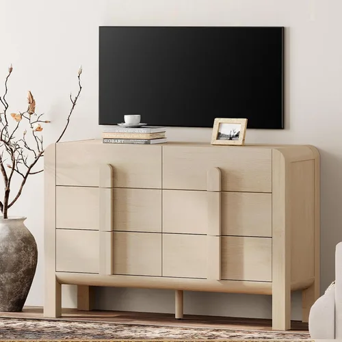 WAMPAT Moderno mueble de TV para televisores de hasta 55 pulgadas, 47.2 pulgadas de ancho, centro de entretenimiento de granja con 6 cajones, Roble