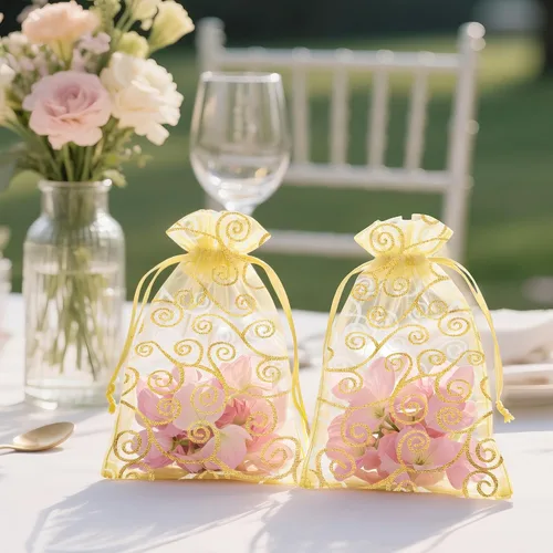 Miniatura 6 de G2PLUS Bolsas de regalo de organza de 4 x 6 pulgadas, 50 bolsas de organza de malla transparente con estampado de ratán dorado, bolsas de joyería