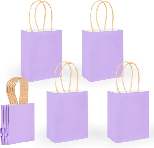 Miniatura 7 de DjinnGlory Paquete de 60 mini bolsas de regalo de papel morado con asas, 6.3 x 4.7 x 2.75 pulgadas, pequeñas bolsas de lavanda para cumpleaños