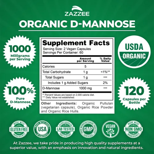 Miniatura 4 de Zazzee D-manosa orgánica USDA, 1000 mg por porción, 120 cápsulas veganas, suministro de 2 meses, sin OMG, soporte para el tracto urinario