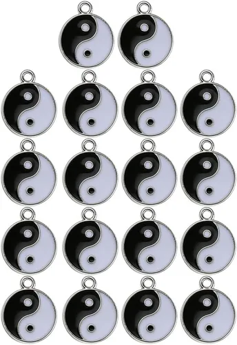 Wixine 20 cuentas colgantes de esmalte negro y blanco Tai Chi Yin Yang Ba Gua, Metal, Aleación.