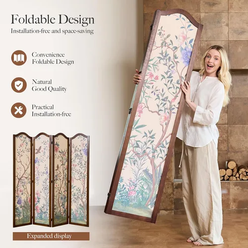 Miniatura 3 de Svimi Divisor de habitación plegable de madera de 4 paneles estilo oriental – Pantalla de privacidad independiente y panel de pared decorativo