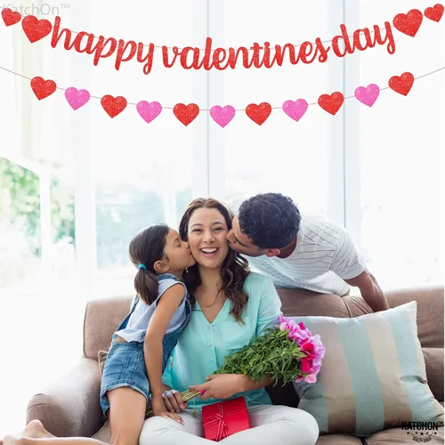 Miniatura 7 de KatchOn, Cartel de feliz San Valentín con purpurina, 10 pies, sin bricolaje, guirnalda de corazón rojo y rosa para decoraciones del día de San