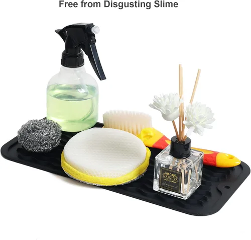 Miniatura 6 de ZLR 2 bandejas de silicona para fregadero (6 x 12 pulgadas/6.024 x 12.008 in) - Soporte estrecho para esponja para encimera de cocina - Tapete Negro