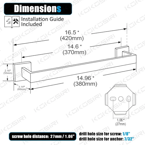 Miniatura 2 de KOKOSIRI Barra de Toalla Individual de 16 Pulgadas, Toallero para Baño o Cocina, Toallero de Pared de Acero Inoxidable SUS304, Cromo Pulido