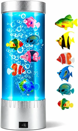 Lámpara de medusas con luces LED RGB que cambian de color, lámpara de tanque de peces de burbujas con peces artificiales de natación, luz nocturna