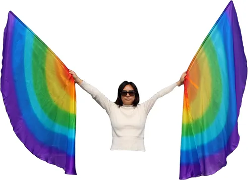 Miniatura 25 de Winged Sirenny Banderas de seda de ala de ángel de adoración de 70 pulgadas con varillas flexibles, bandera de seda translúcida circular pintada a