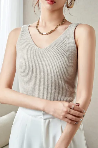 Miniatura 6 de LINY XIN Chaleco de punto 100 % lana merino para mujer, con cuello en V, sin mangas, liso, clásico