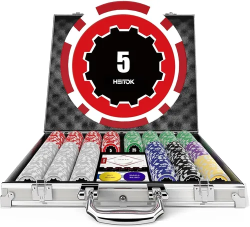 Miniatura 9 de Fichas de póquer con denominaciones, juego de 300 piezas de 11.5g con números, fichas de casino pesadas, 5 dados, 2 barajas con estuche compacto
