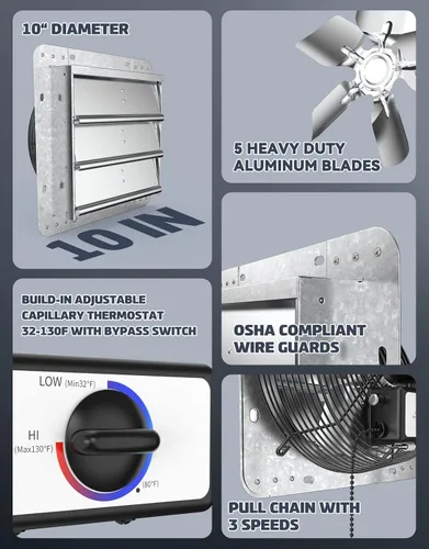 Miniatura 5 de iLiving ILG8SF10V-T, Ventilador de obturación de escape de 10 pulgadas para ático, garaje, tienda de cultivo, ventilación con termostato de 3
