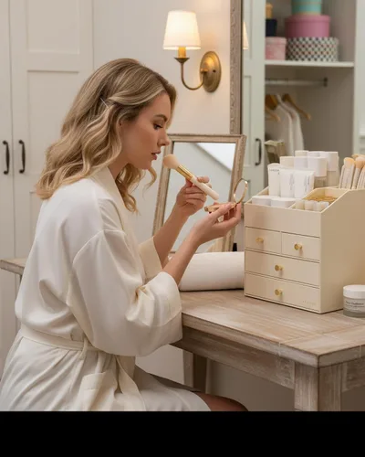 Miniatura 8 de Vlando Organizador de Maquillaje para Encimera, Organizador Grande de Tocador de Cuero PU, Almacenamiento de Maquillaje con 4 Cajones, Organizadores