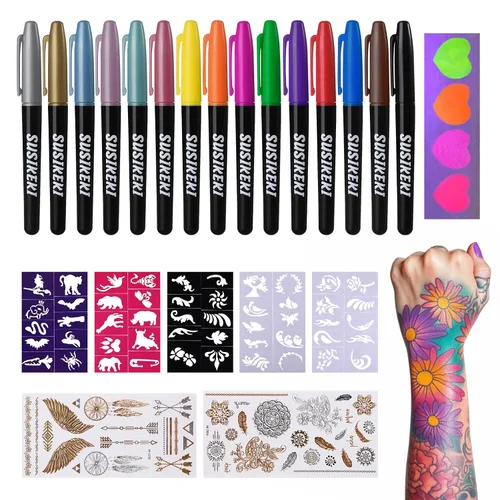 Miniatura 10 de Marcadores temporales de tatuaje para piel, 15 bolígrafos de tatuaje de doble punta + 50 plantillas de pintura + 43 calcomanías de tatuajes, juego