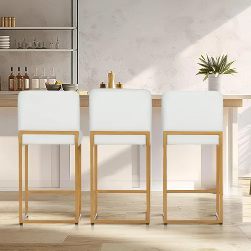Miniatura 46 de Juego de 2 taburetes de bar de altura de mostrador de color blanco cremoso de 24 pulgadas, modernos taburetes de bar dorados con respaldo tapizado