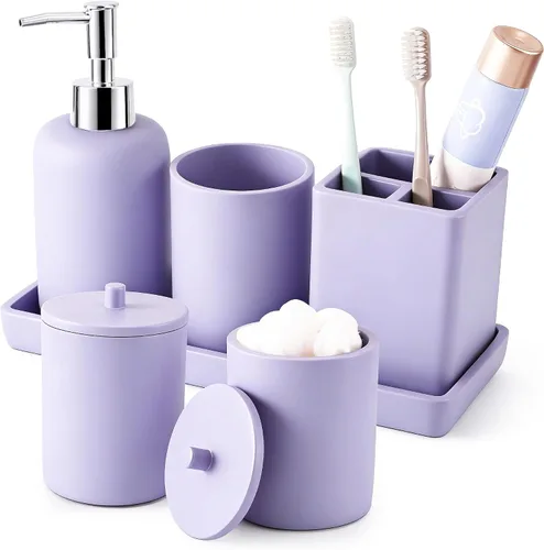 Miniatura 13 de Juego de baño de resina de 6 piezas color beige completo con soporte para cepillos de dientes, dispensador de jabón de loción, 2 dispensadores