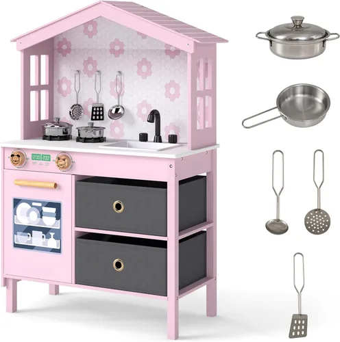 Costzon Cocina de Juguete para Niños, Juguete de Cocina Montessori Little Chef con 2 Estufas, Perillas Giratorias, Grifo, Fregadero, Lavavajillas, 2