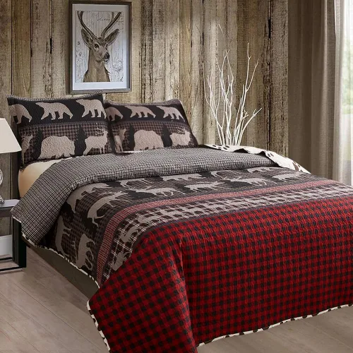 Miniatura 2 de Juego de edredón de tamaño queen, juego de colcha rústica para cabaña de cabaña, color rojo y negro, colcha reversible reversible colcha ligera