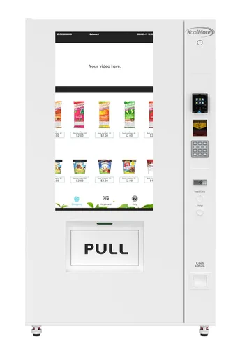 KoolMore - Máquina expendedora de helado para congelador comercial de 45 pulgadas con 44 ranuras, amplia pantalla táctil de 49 pulgadas, aceptador