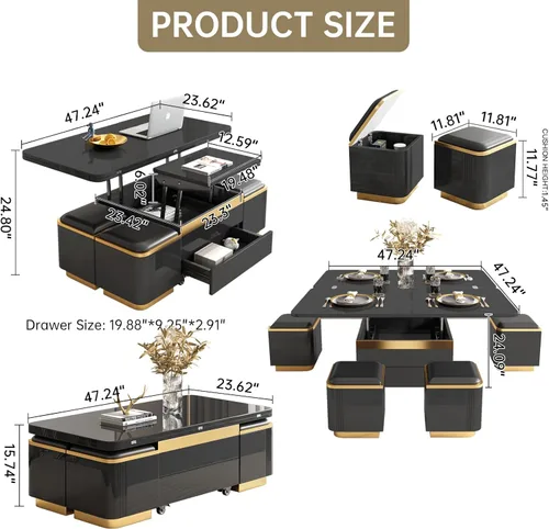 Miniatura 2 de Guyii Mesa de centro elevable con taburetes de almacenamiento, mesa central multifuncional negra con cajones, moderna mesa de comedor extensible