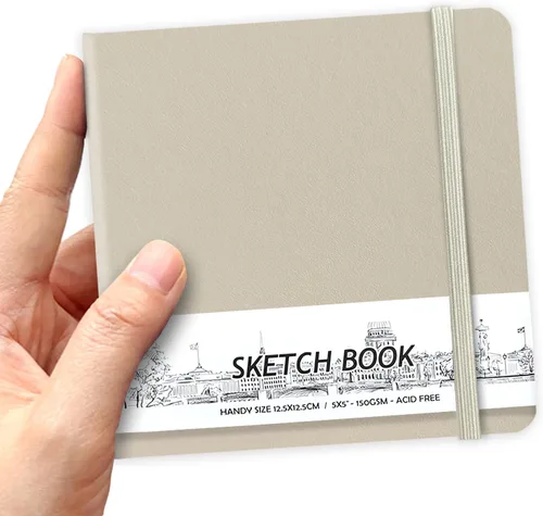 Miniatura 26 de Cuaderno de bocetos de bolsillo cuadrado de tapa dura de cuero PU de 5" x 5", 58 hojas de papel beige Dowling de 150 GSM, libro de bocetos de arte