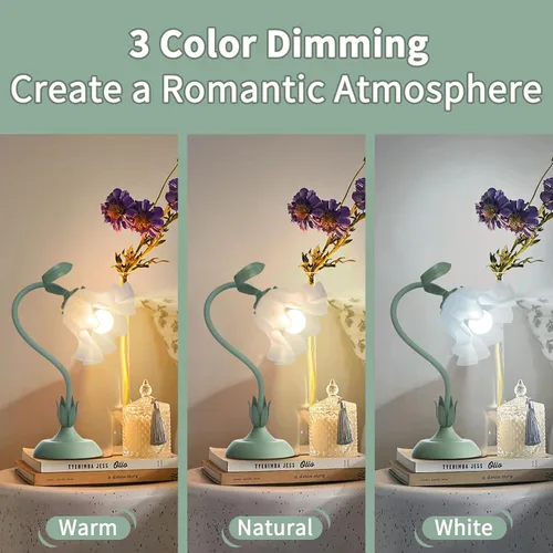 Miniatura 2 de Lámparas de mesita de noche para mujer, para dormitorio, bonita lámpara de escritorio de flores con cuello de cisne flexible ajustable, lámpara