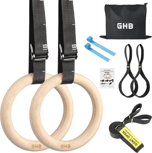 GHB Anillos de gimnasia de madera, anillos olímpicos de 1.25 pulgadas, correas ajustables, juegos de anillos para entrenamiento, peso corporal,