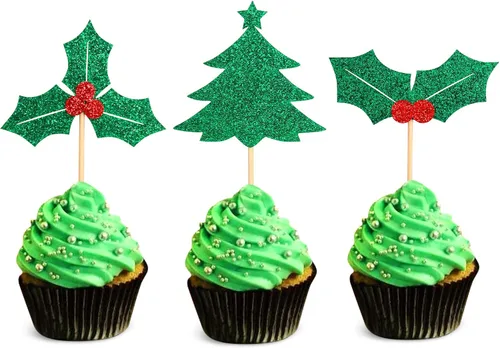 Miniatura 9 de Ercadio Paquete de 25 adornos para cupcakes de Papá Noel y elfo - Sombreros de Papá Noel con purpurina, sombreros de elfo, palillos para cupcakes