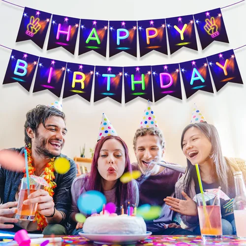Miniatura 3 de Cartel de feliz cumpleaños brillante, decoración de fiesta brillante, letras que brillan en la oscuridad, suministros de fiesta temática para niños