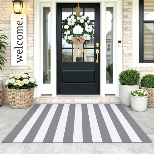 Miniatura 34 de KOZYFLY Alfombra a rayas blancas y negras de 2 x 3 pies, tejido de algodón, lavable, para interiores y exteriores, alfombra pequeña para puerta