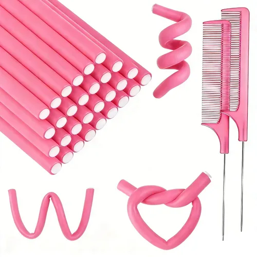 60 varillas flexibles para rizar, de espuma giratoria, sin calor, rodillos de pelo y peine de cola de rata de acero para cabello largo o corto, Rosa