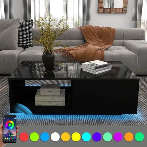 Miniatura 4 de COSVALVE Mesas de centro negras LED de 43.3 pulgadas para sala de estar con luces LED de 16 colores, mesa de centro moderna con cajón