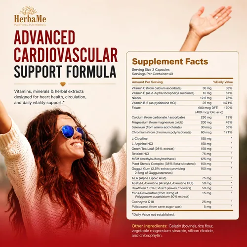 Miniatura 8 de HerbaMe Suplemento de apoyo cardíaco para hombres y mujeres, bienestar cardíaco diario y apoyo a la circulación, apoya el bienestar cardiovascular