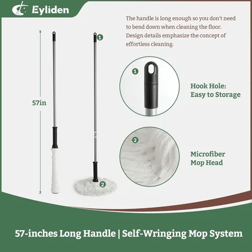 Miniatura 5 de Eyliden Trapeador giratorio – Simple, mango largo de 57 pulgadas, trapeador de cuerda de microfibra autoescurrido para limpieza de suelos, atrapa