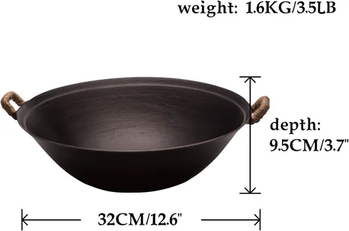 Miniatura 2 de ZhenSanHuan Wok de hierro fundido hecho a mano, sin revestimiento, sin pintura, saludable, fondo plano, apto para inducción (12.6 pulgadas)