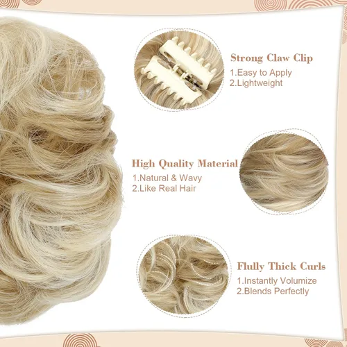 Miniatura 3 de Moño desordenado, extensiones de cabello sintético con clip de garra, para mujer, rubio ceniza, mezcla de rubio decolorado