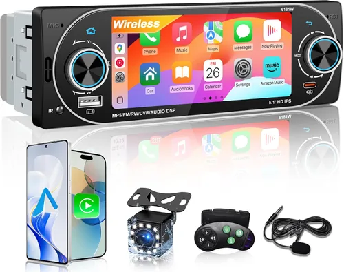 Estéreo inalámbrico para automóvil de 5.1 pulgadas, Apple CarPlay, Android Auto, pantalla táctil IPS, Bluetooth 5.2, FM/AM/RDS, carga rápida USB