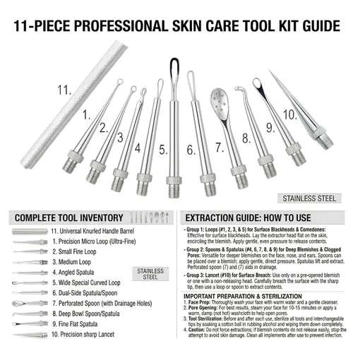 Miniatura 3 de Appearus AT14045 - Kit de herramientas profesionales para el cuidado de la piel, 11 piezas de acero inoxidable para esteticistas y spas,