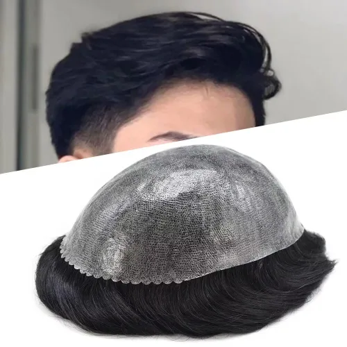 LYRICAL HAIR Toupee para hombres de piel fina inyección de PU unidad de peluca para hombre 1# Jet Real Natural Cabello humano Pieza Sistema de