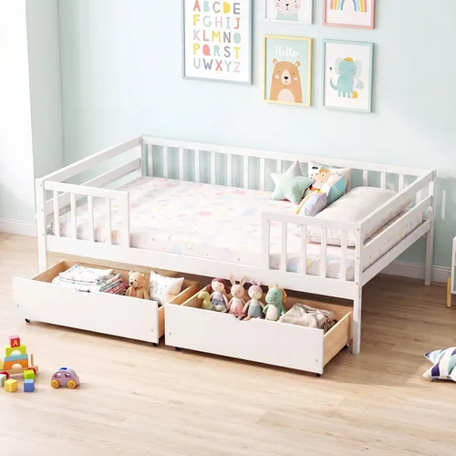 Miniatura 15 de Giantex Cama individual para niños con cajones de almacenamiento, cama Montessori de madera con rieles y estante lateral, sofá cama baja para niños