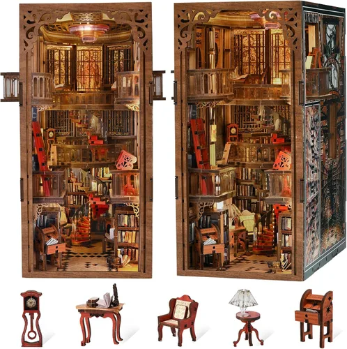 Miniatura 16 de MiniCity Kit de rincón de libros, kit de bricolaje en miniatura para casa de muñecas, rompecabezas de madera 3D, decoración con luz LED