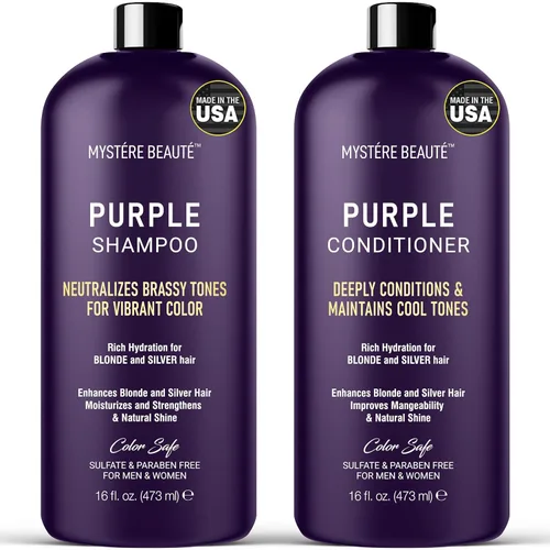 MYSTÉRE BEAUTÉ Juego de champú y acondicionador morado, para cabello rubio, plateado y gris, champú acondicionador morado para hombres y mujeres,