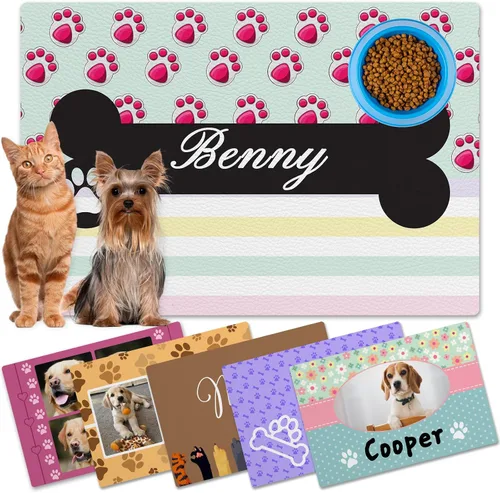 Miniatura 7 de Alfombrillas personalizadas de piel sintética para comida y agua, antideslizante e impermeable para nombre/foto, tapete personalizado