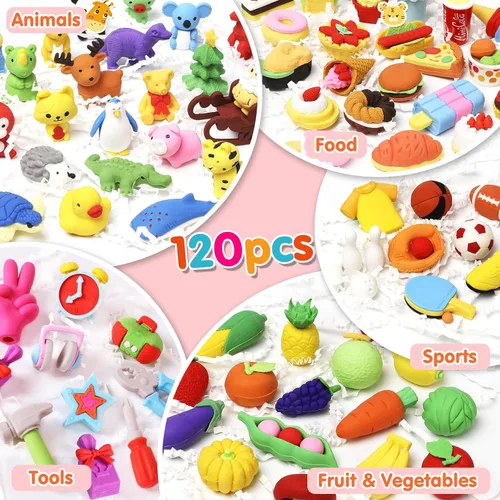 Miniatura 4 de Moosia Paquete de 120 borradores de lápices de animales para niños, mini rompecabezas 3D para desmontar, mascotas de escritorio y juguetes de caja