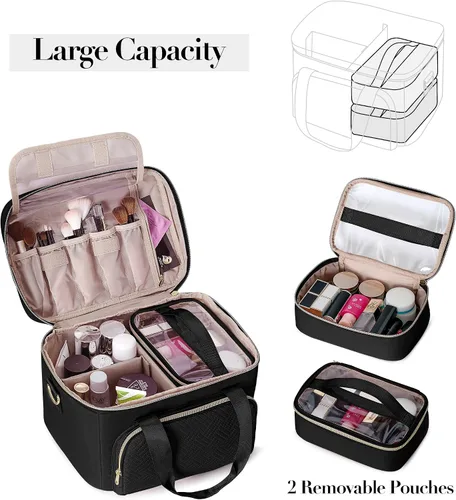 Miniatura 2 de Bolsa de maquillaje de viaje con 2 bolsas y divisores ajustables, estuche organizador de maquillaje grande para mujeres, se adapta a botellas Negro