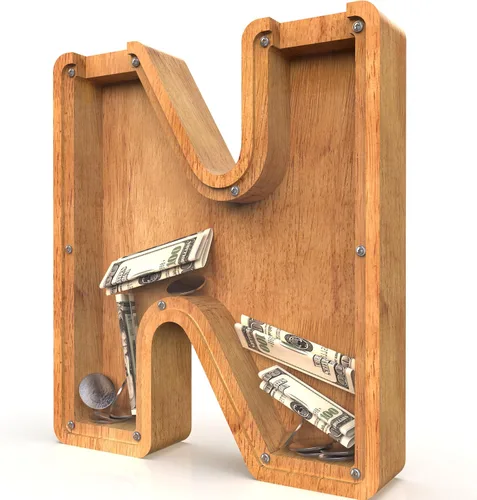 Miniatura 13 de Alcancía para niños y niñas, alcancía grande de madera personalizada con diseño recortado, bancos de monedas con letras del alfabeto, caja de ahorro