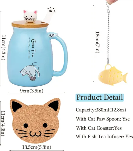 Miniatura 5 de BigNoseDeer Lindas tazas Kawaii de gato, taza de café de cerámica con infusor y tapa, cuchara, taza de té, regalos lindos y geniales para mujeres
