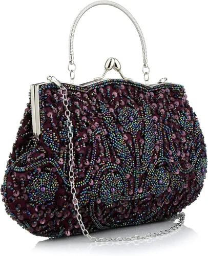 Miniatura 16 de Bolso de noche de diseñador floral con cuentas de lentejuelas diseño vintage besos cerradura satén embrague bolso bolso de mano de boda fiesta