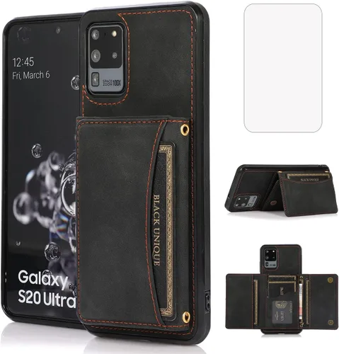 Funda tipo cartera diseñada para Samsung Galaxy S20 Ultra con protector de pantalla de vidrio templado, cuero sintético, soporte para tarjetas de
