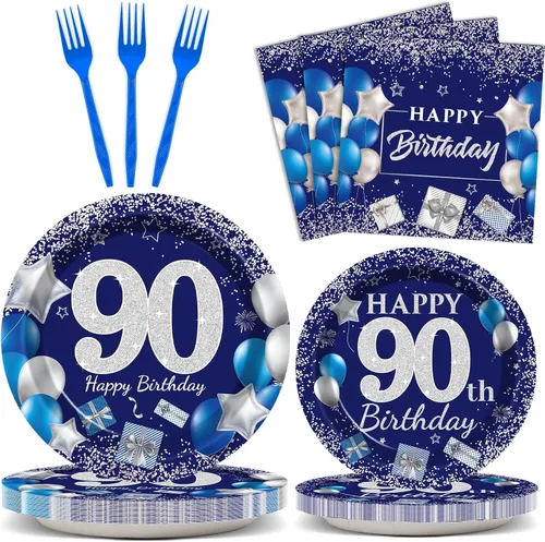 Miniatura 11 de 96 piezas de suministros para fiesta de cumpleaños número 50: platos azul marino y plateado, servilletas, tenedores y decoraciones de mesa para 24