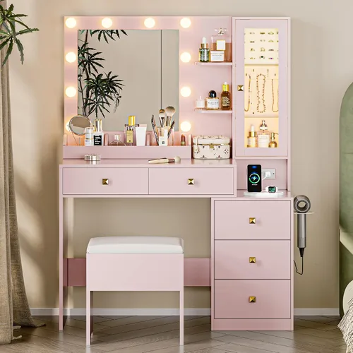 Miniatura 17 de Escritorio de tocador con espejo y luces, tocador de maquillaje negro con 5 cajones, organizador de joyas oculto y gabinete de cristal LED, 3 modos