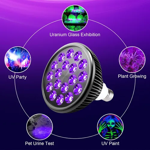 Miniatura 4 de KINGBO Bombilla negra, bombillas LED de 36 W E26 PAR38 que brillan en la oscuridad, LED de 395 nm para fiesta de luz negra, arte fluorescente